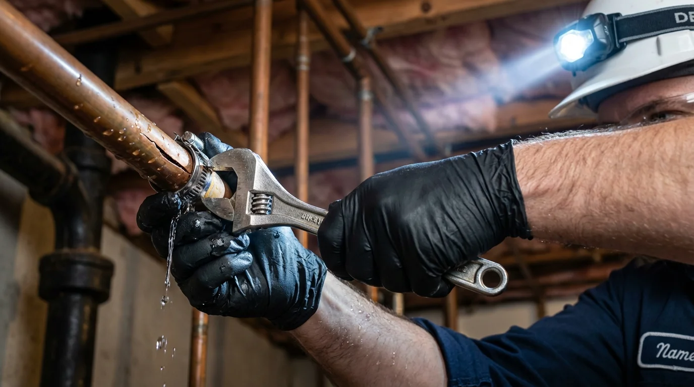 Emergency pipe clamp repair being performed by a Johns Plumbing LLC plumber in Eastport