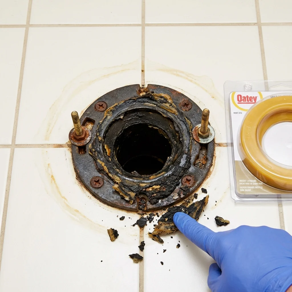 Failed wax ring showing water seepage at the base of a toilet in a Eastport, ME home