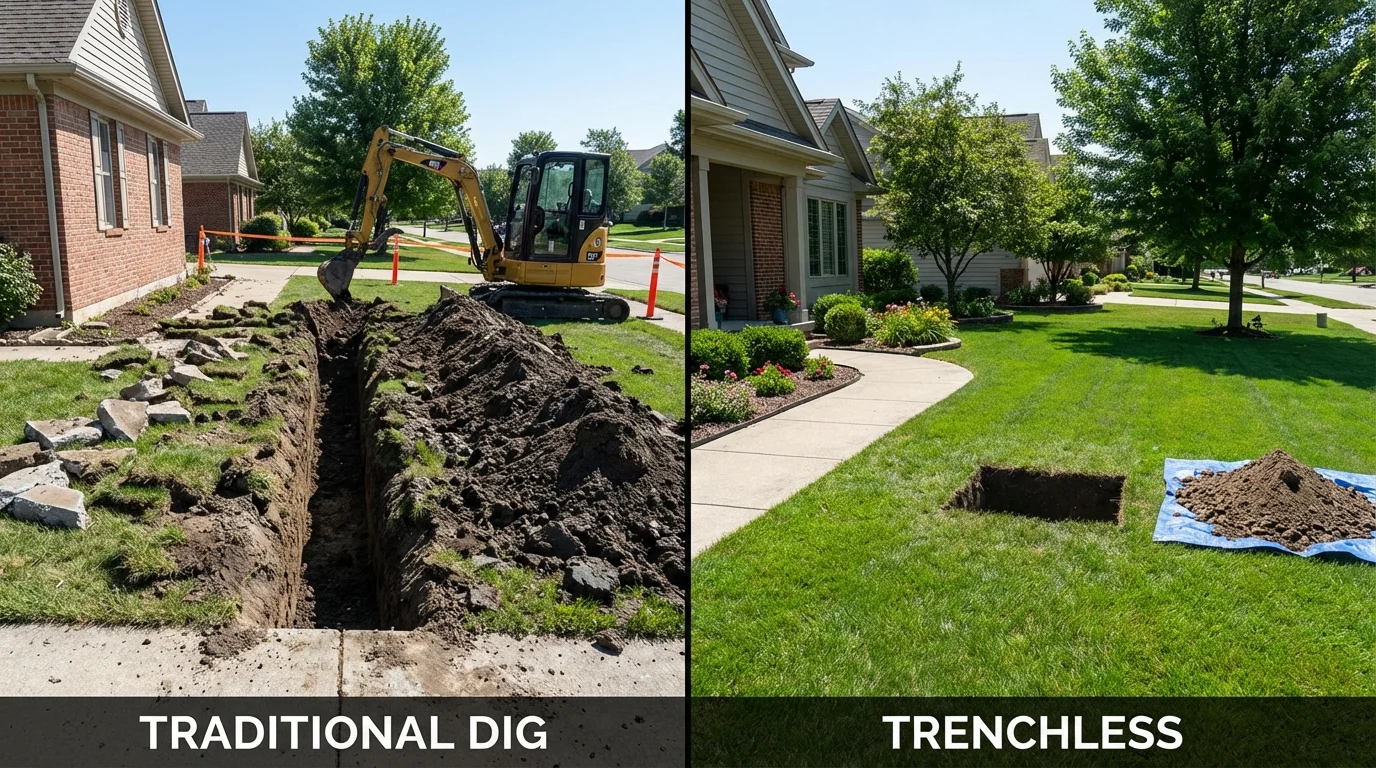 Trenchless sewer repair with minimal yard damage versus traditional excavation in Eastport, ME