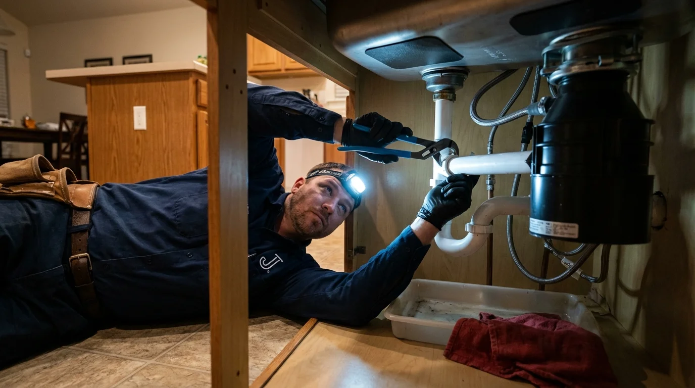 P-trap and supply line connections under a kitchen sink showing a common leak point in Eastport, ME